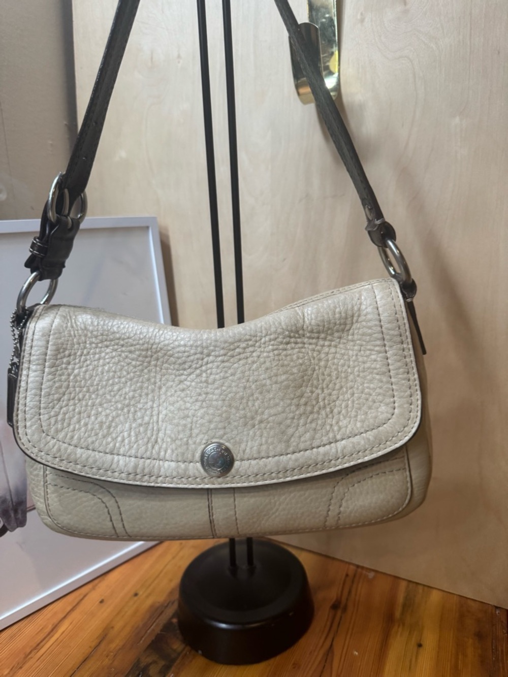 Coach Cream Pebbled Leather Shoulder Bag with Dark Strap